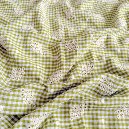 Cotton Embroidered Gingham Matcha Picnic - GT 2251