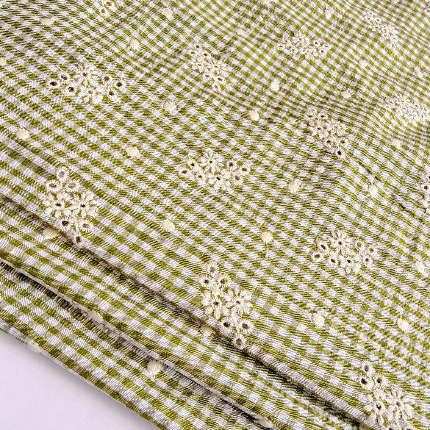 Cotton Embroidered Gingham Matcha Picnic - GT 2251