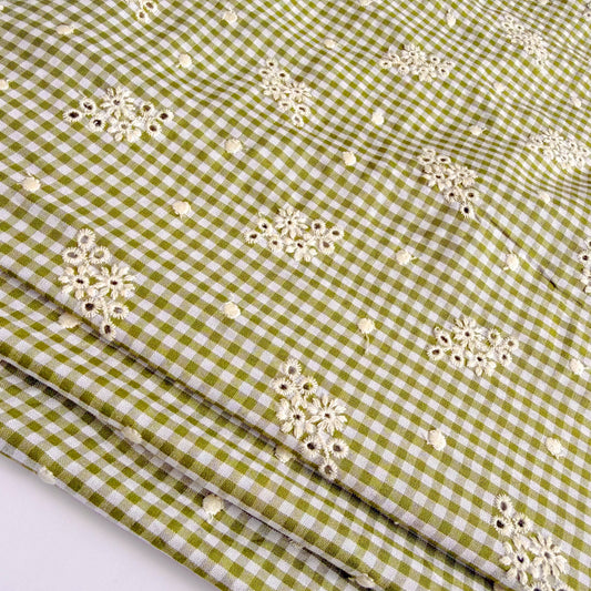 Cotton Embroidered Gingham Matcha Picnic - GT 2251