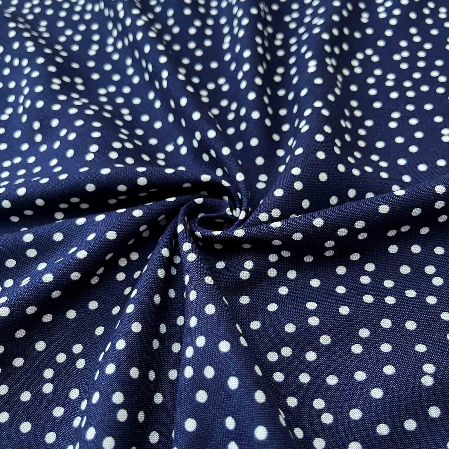 20s Rayon Indigo Fleck- Pure White Polka Dots Scattered on Sharp Steel Navy Blue Fabric - PR 1004