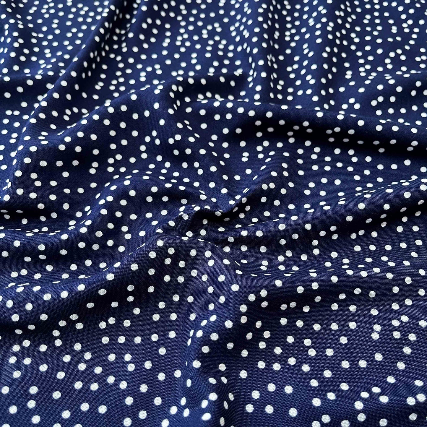 20s Rayon Indigo Fleck- Pure White Polka Dots Scattered on Sharp Steel Navy Blue Fabric - PR 1004